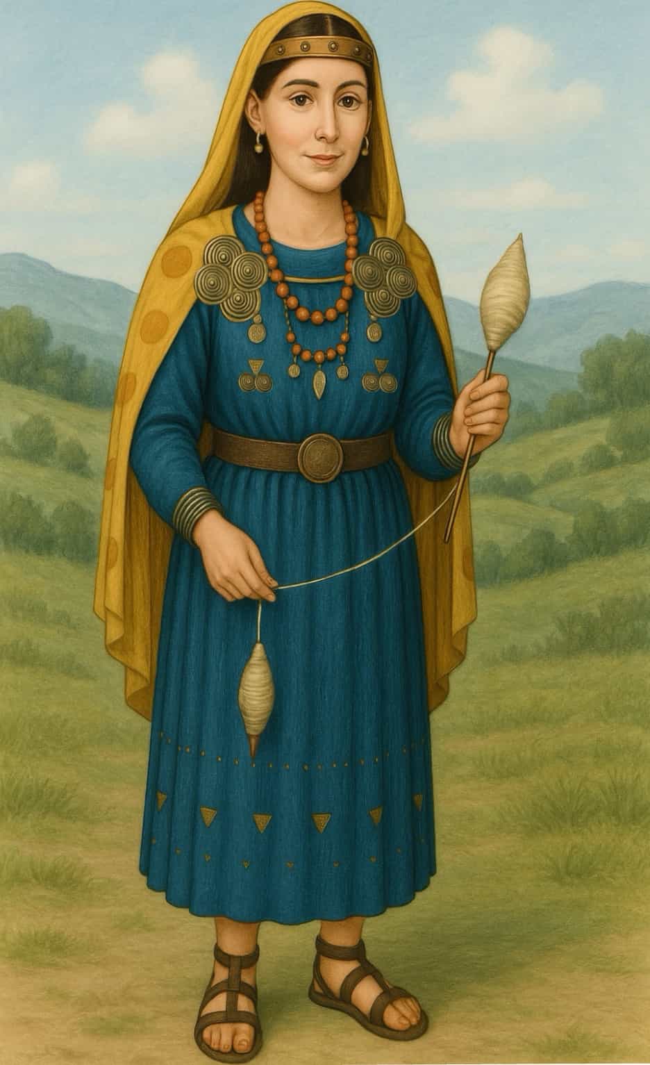 Ricostruzione grafica della figura di una donna enotria, sulla base delle attestazioni materiali nei corredi funerari (generata con intelligenza artificiale).